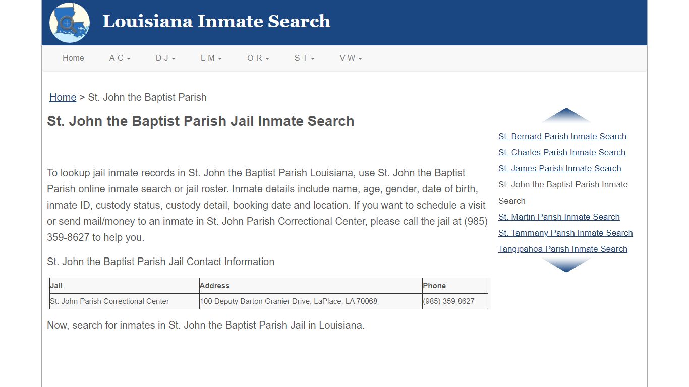 St. John the Baptist Parish LA Jail Inmate Search